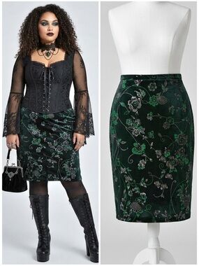 Vintage Dark Green Velvet Metallic Floral Pencil Skirt with Pockets Plus Size 1X